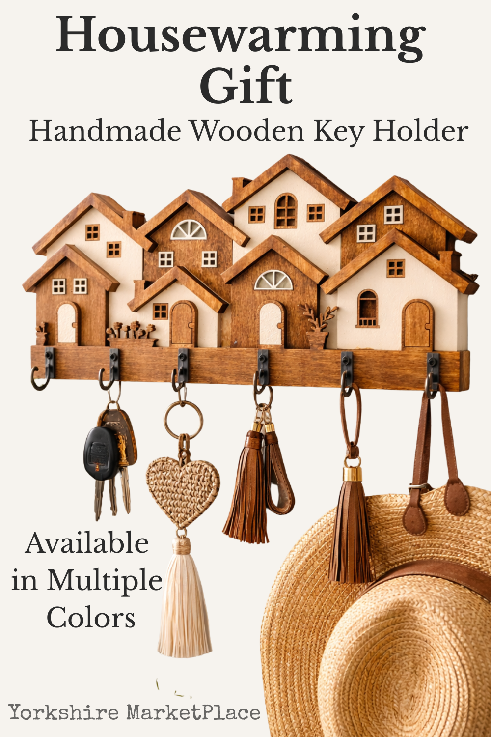 Rustic Rowhouse Key Holder – Wooden Wall Organizer with Hooks