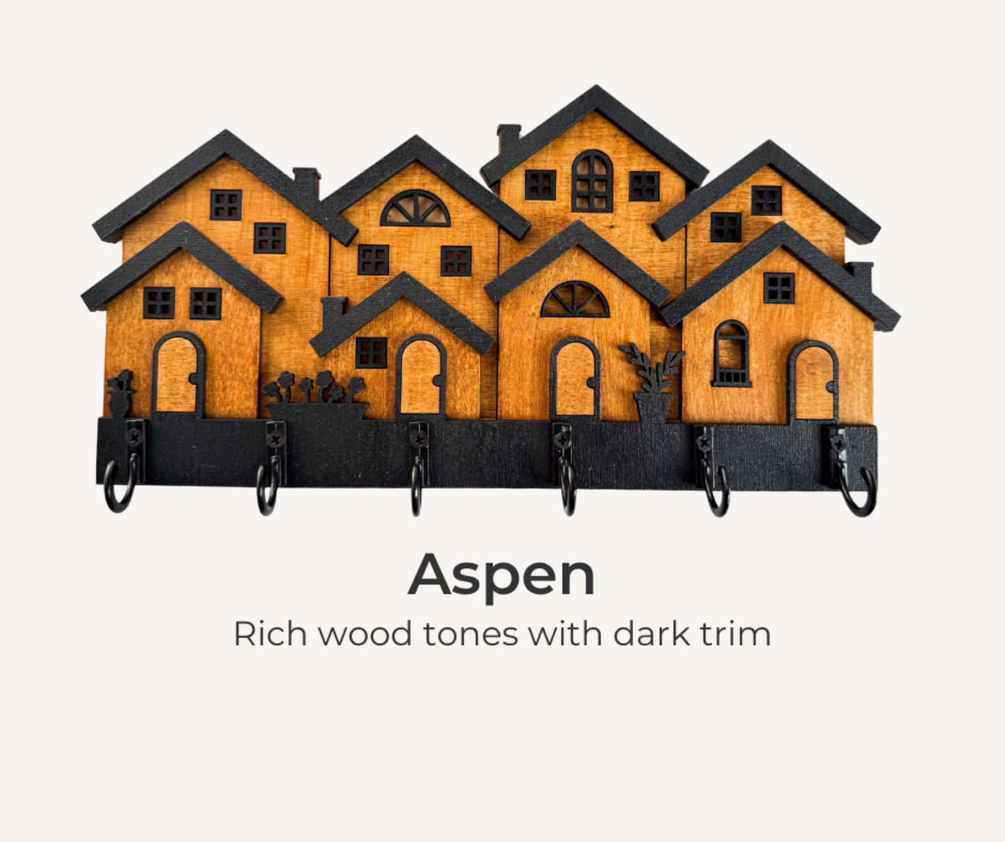 Rustic Rowhouse Key Holder – Wooden Wall Organizer with Hooks