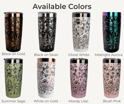 Botanical Engraved Stainless Steel Tumbler – 20oz Insulated Travel Mug with Floral Design