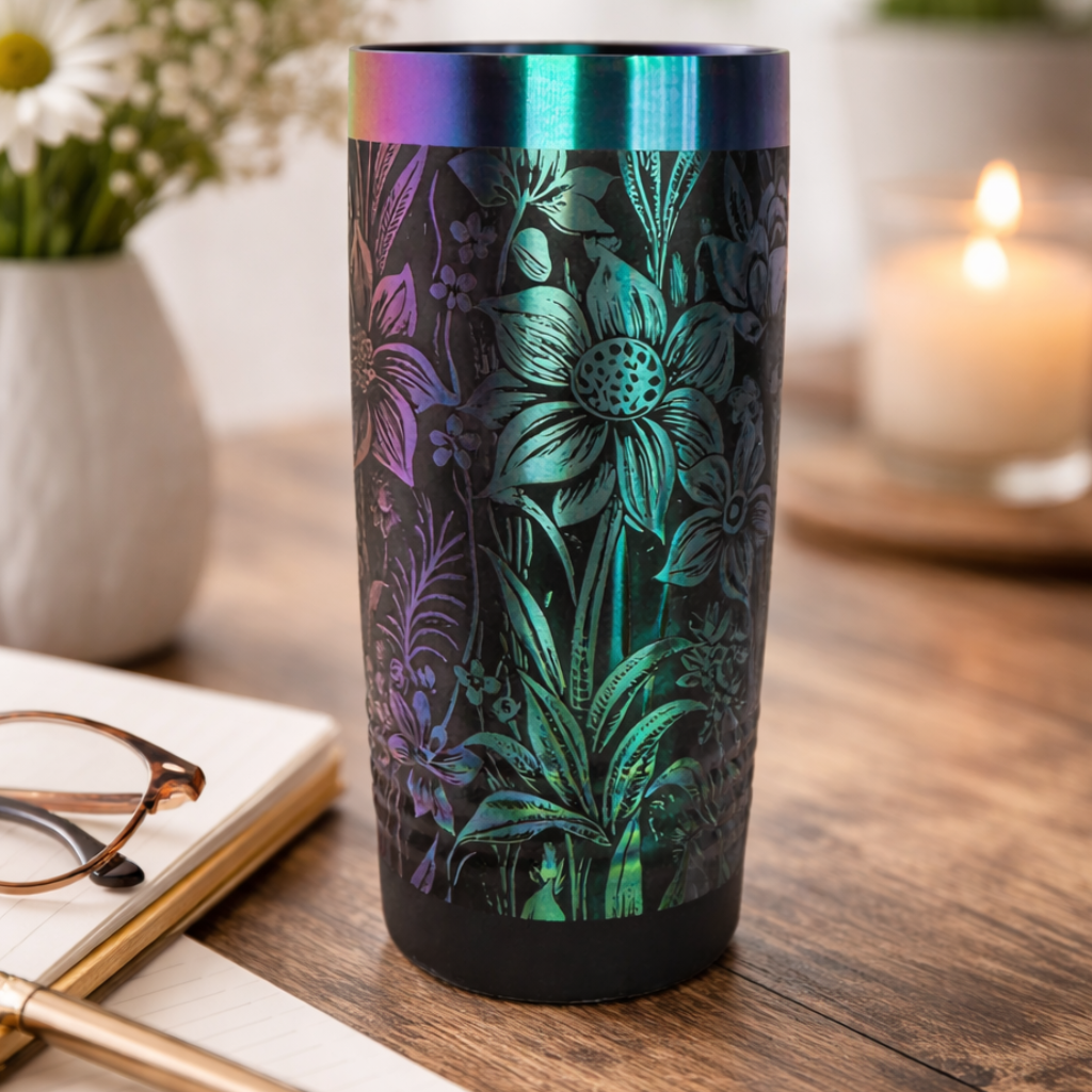 Botanical Engraved Stainless Steel Tumbler – 20oz Insulated Travel Mug with Floral Design
