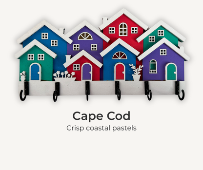 Pastel Rowhouse Key Holder – Colorful Wooden Wall Hooks
