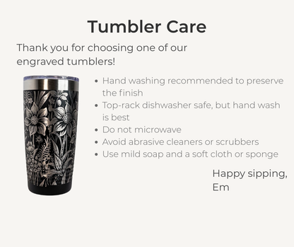 Botanical Engraved Stainless Steel Tumbler – 20oz Insulated Travel Mug with Floral Design