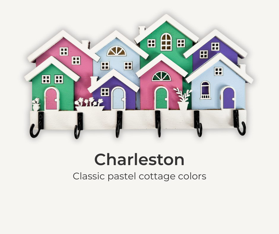Pastel Rowhouse Key Holder – Colorful Wooden Wall Hooks