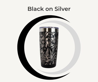 Botanical Engraved Stainless Steel Tumbler – 20oz Insulated Travel Mug with Floral Design