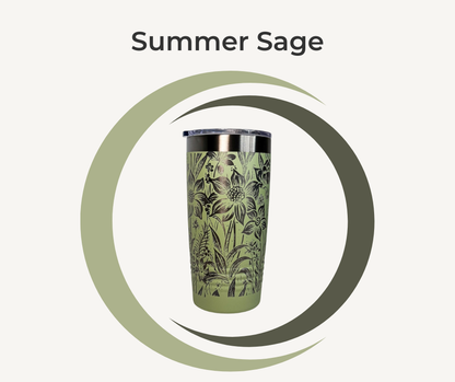 Botanical Engraved Stainless Steel Tumbler – 20oz Insulated Travel Mug with Floral Design