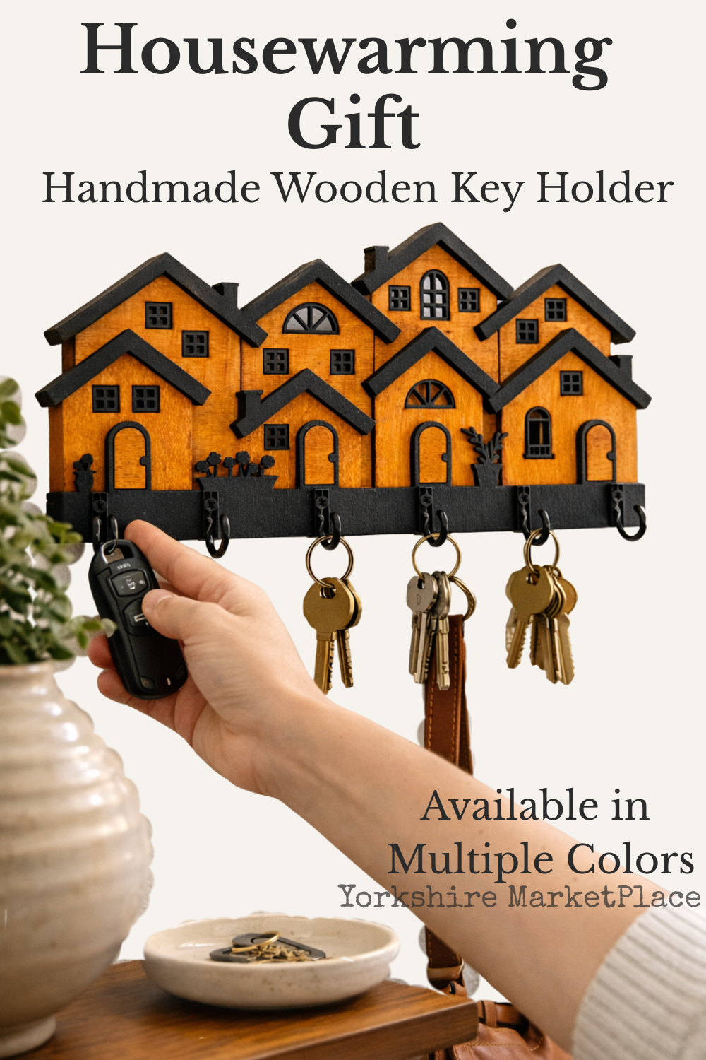 Aspen Rowhouse Key Holder – Wooden Wall Organizer with Hooks