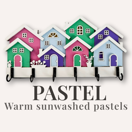 Pastel Rowhouse Key Holder – Colorful Wooden Wall Hooks