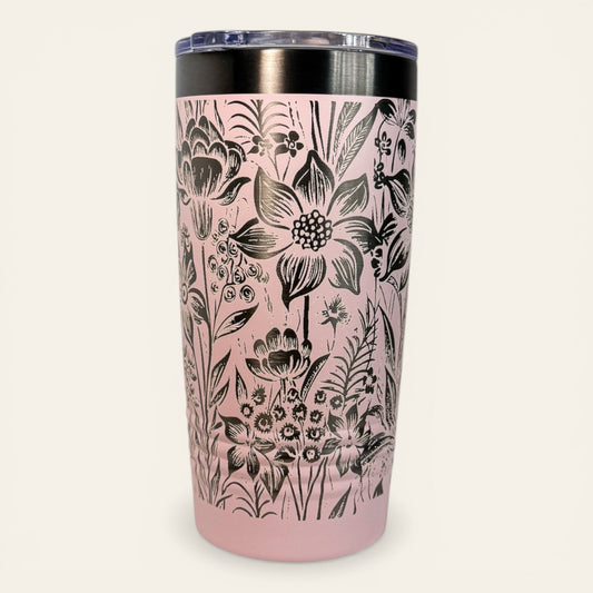 Botanical Engraved Stainless Steel Tumbler – 20oz Insulated Travel Mug with Floral Design