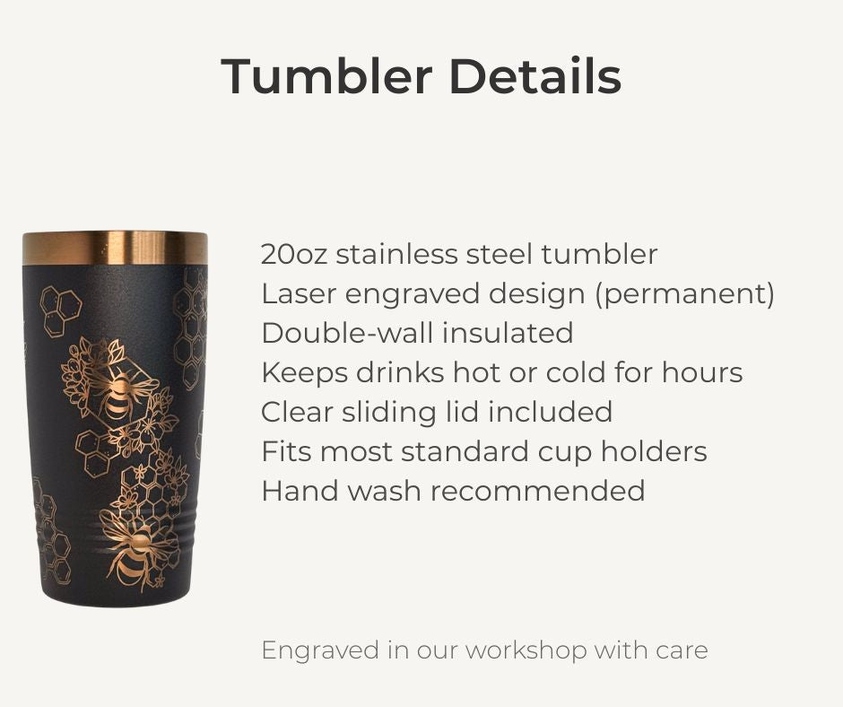 Bee & Honeycomb Engraved Stainless Steel Tumbler – 20oz Insulated Travel Mug