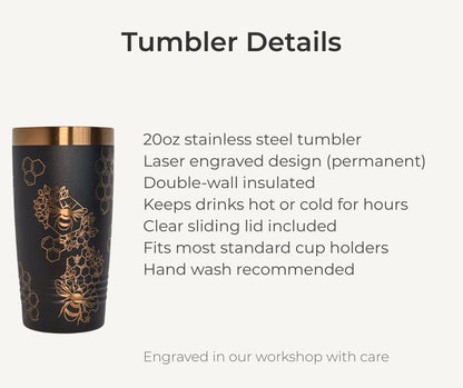 Bee & Honeycomb Engraved Stainless Steel Tumbler – 20oz Insulated Travel Mug