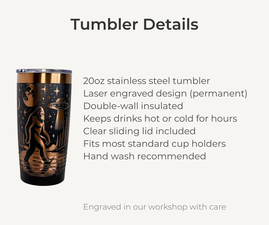 Bigfoot UFO Engraved Stainless Steel Tumbler – 20oz Insulated Travel Mug