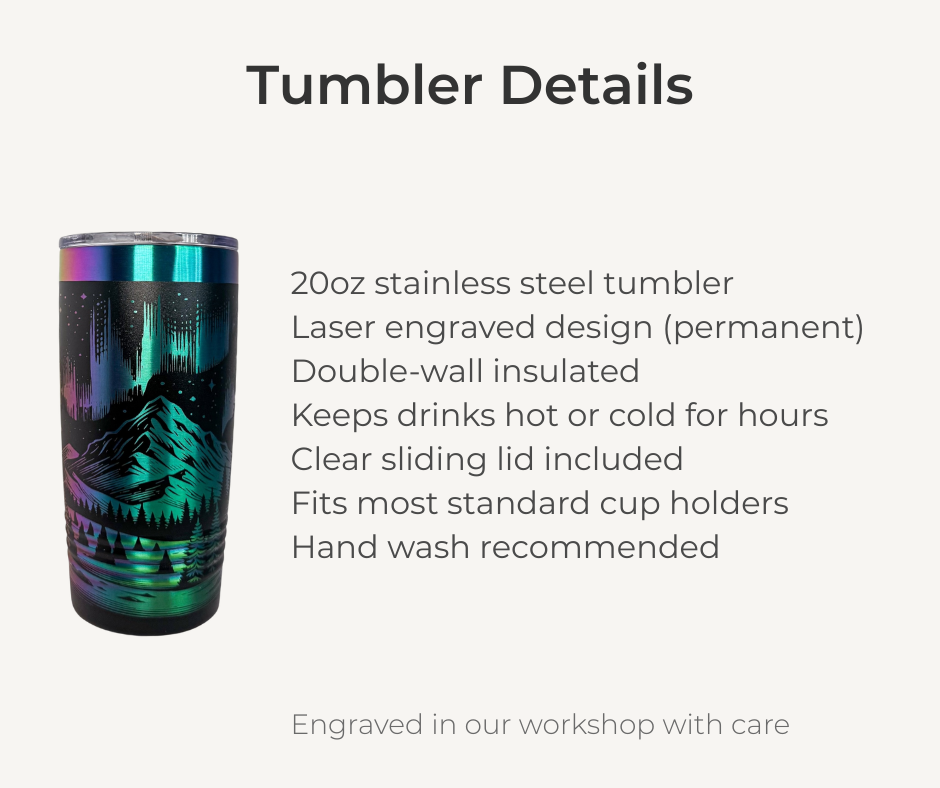 Northern Lights Engraved Stainless Steel Tumbler – 20oz Insulated Aurora Borealis Travel Mug