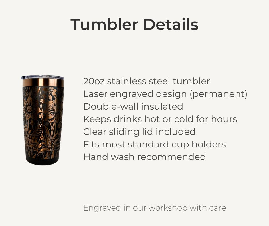 Botanical Engraved Stainless Steel Tumbler – 20oz Insulated Travel Mug with Floral Design