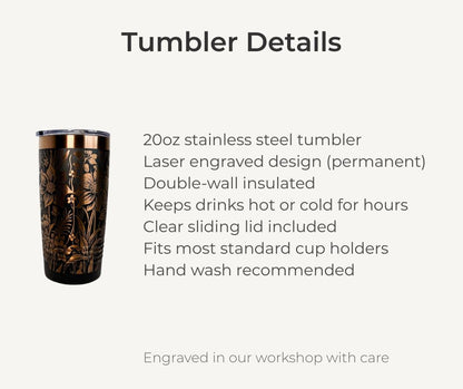 Botanical Engraved Stainless Steel Tumbler – 20oz Insulated Travel Mug with Floral Design